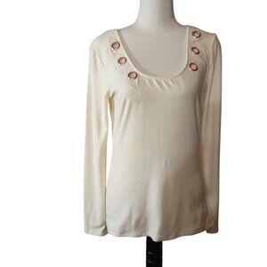 Womens Cream Long Sleeve Top W/Gold Grommet Detail Scoop Neckline-SMALL